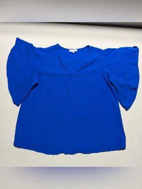 Blue V-Neck Flutter Sleeve Top